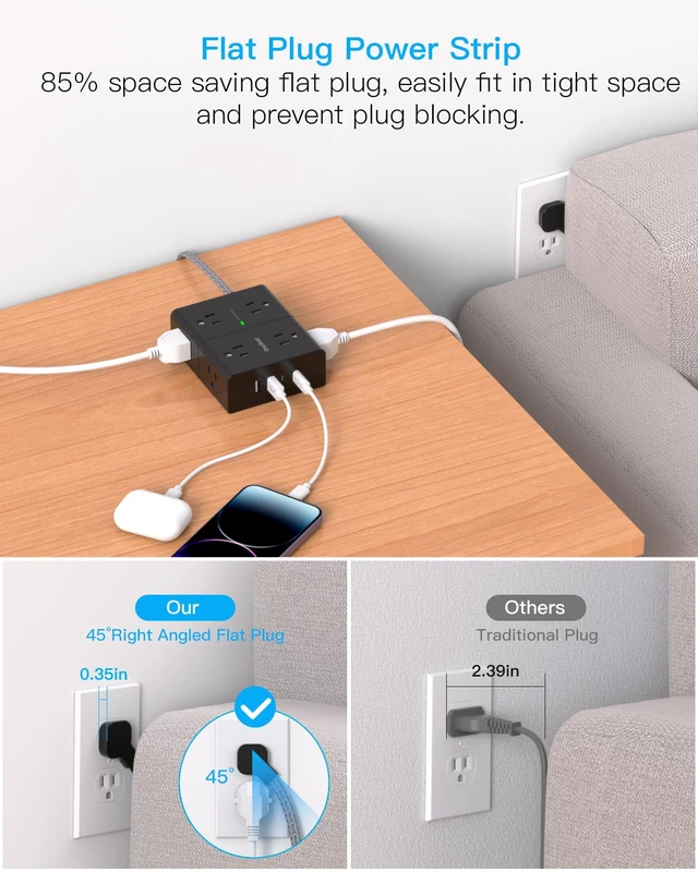 Alt view image 4 of 7 - Extension Cord 10 Ft, Surge Protector Power Strip 10 Ft Long Cord 8 Outlets 4 USB Ports(2 USB C) 10Ft Braided Long Extension Cord Flat Plug, Home Office College Dorm Essentials, Black