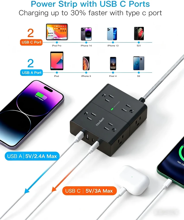 Alt view image 3 of 7 - Extension Cord 10 Ft, Surge Protector Power Strip 10 Ft Long Cord 8 Outlets 4 USB Ports(2 USB C) 10Ft Braided Long Extension Cord Flat Plug, Home Office College Dorm Essentials, Black