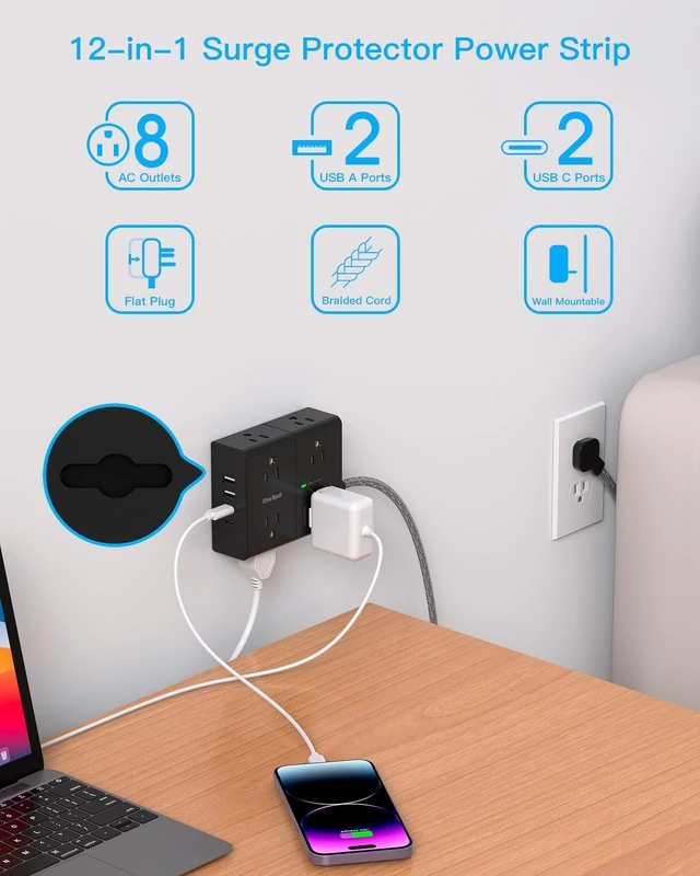 Alt view image 6 of 7 - Extension Cord 10 Ft, Surge Protector Power Strip 10 Ft Long Cord 8 Outlets 4 USB Ports(2 USB C) 10Ft Braided Long Extension Cord Flat Plug, Home Office College Dorm Essentials, Black