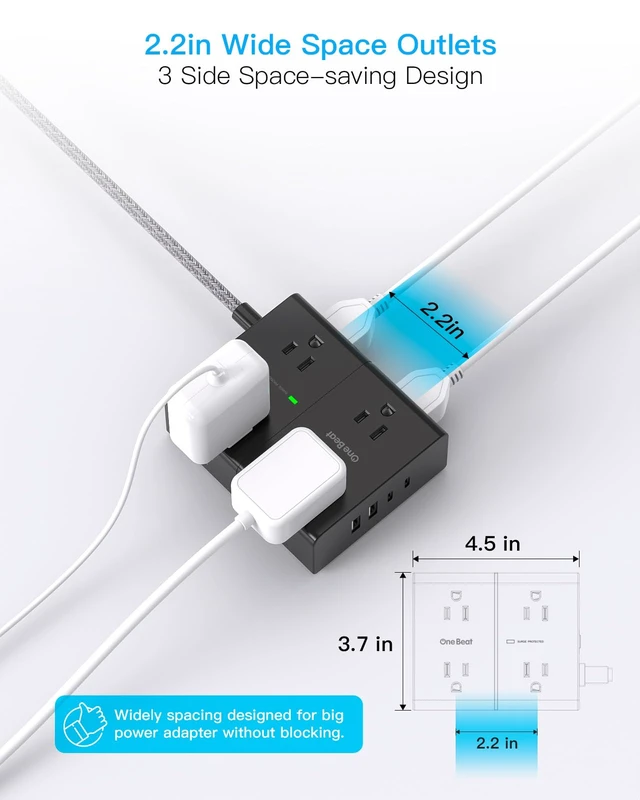 Alt view image 7 of 7 - Extension Cord 10 Ft, Surge Protector Power Strip 10 Ft Long Cord 8 Outlets 4 USB Ports(2 USB C) 10Ft Braided Long Extension Cord Flat Plug, Home Office College Dorm Essentials, Black