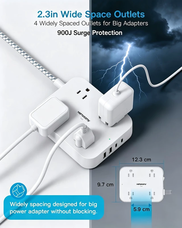 Alt view image 3 of 7 - Surge Protector Power Strip, 10Ft Extension Cord with 4 USB Ports(2 USB C) 4 Widely Outlets Extender, Wall Mount, Desk Charging Station for Office School College Dorm Room Essentials