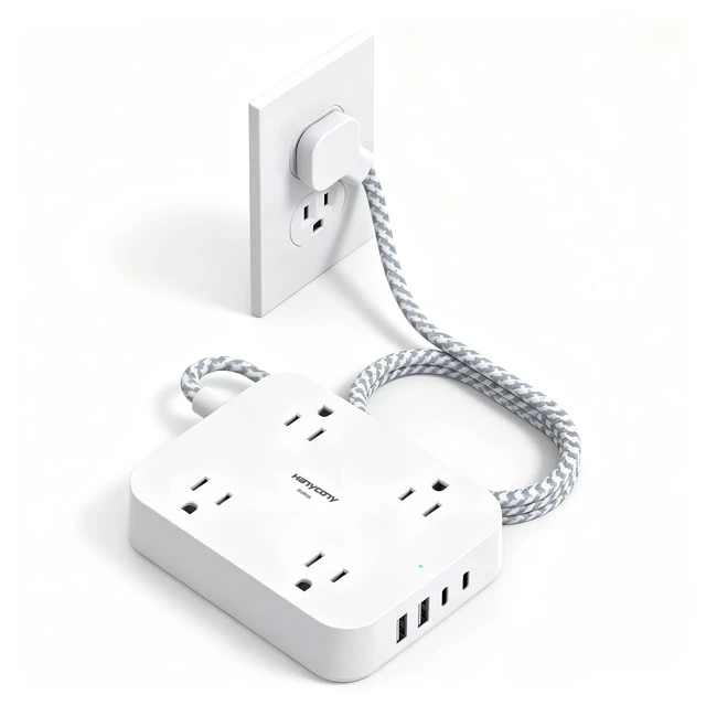 Main image of Surge Protector Power Strip, 10Ft Extension Cord with 4 USB Ports(2 USB C) 4 Widely Outlets Extender, Wall Mount, Desk Charging Station for Office School College Dorm Room Essentials
