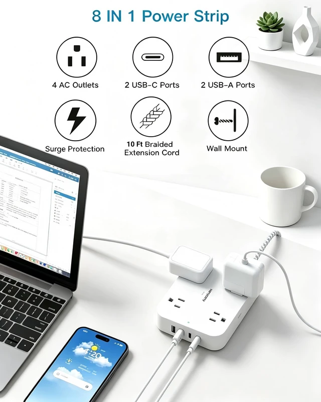 Alt view image 2 of 7 - Surge Protector Power Strip, 10Ft Extension Cord with 4 USB Ports(2 USB C) 4 Widely Outlets Extender, Wall Mount, Desk Charging Station for Office School College Dorm Room Essentials
