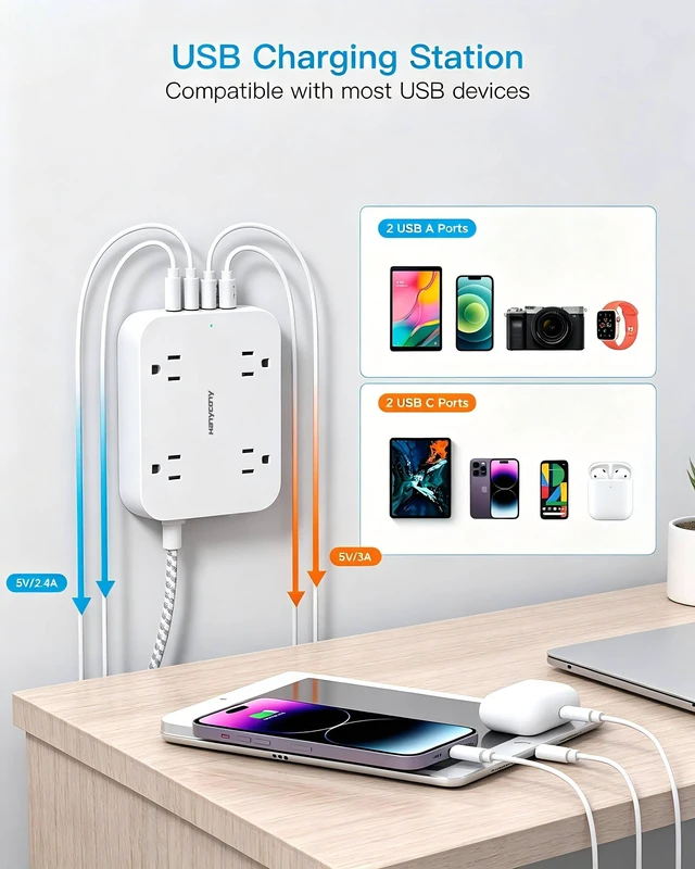Alt view image 5 of 7 - Surge Protector Power Strip, 10Ft Extension Cord with 4 USB Ports(2 USB C) 4 Widely Outlets Extender, Wall Mount, Desk Charging Station for Office School College Dorm Room Essentials