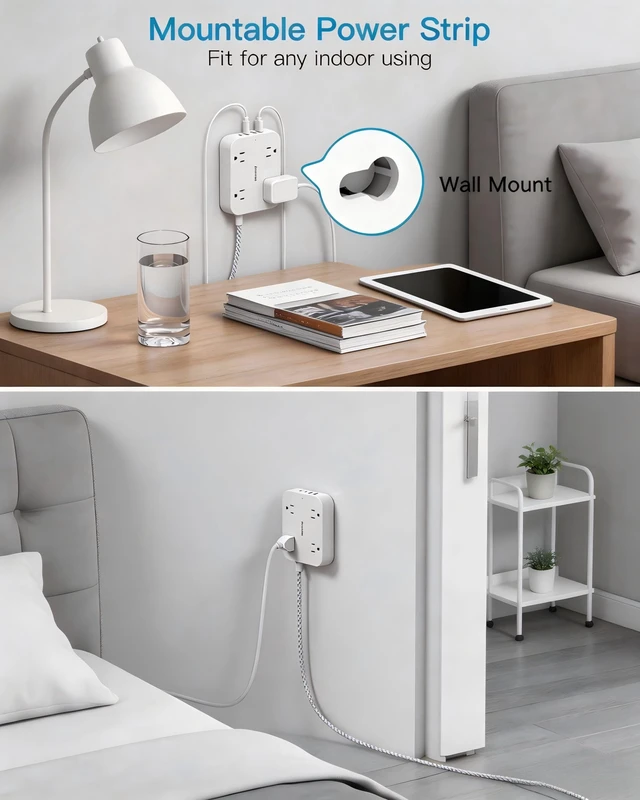 Alt view image 6 of 7 - Surge Protector Power Strip, 10Ft Extension Cord with 4 USB Ports(2 USB C) 4 Widely Outlets Extender, Wall Mount, Desk Charging Station for Office School College Dorm Room Essentials