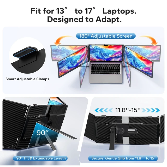 Alt view image 4 of 7 - Laptop Screen Extender, Triple Screen Laptop Monitor Extender for 13-17.3 Laptop, 14 1080P FHD IPS Portable Monitor with 100% sRGB, Plug & Play Monitor Extension for Business Travel,Coding & Gaming