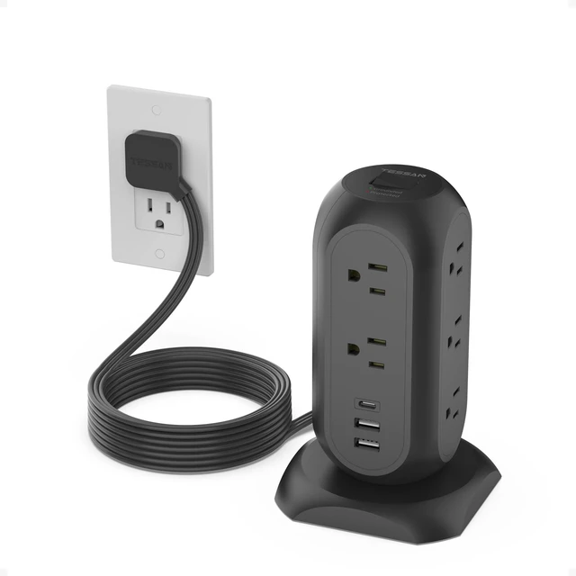 Main image of Tower Power Strip Flat Plug with 1050J Protection, 10 Ft, Black 11 Outlets 3 USB (1 USB C), Surge Protector Power Tower, Extension Cord with Multiple Outlets, Dorm, Office Desk Supplies