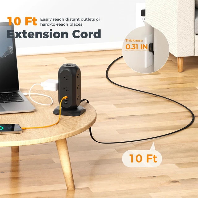 Alt view image 2 of 7 - Tower Power Strip Flat Plug with 1050J Protection, 10 Ft, Black 11 Outlets 3 USB (1 USB C), Surge Protector Power Tower, Extension Cord with Multiple Outlets, Dorm, Office Desk Supplies