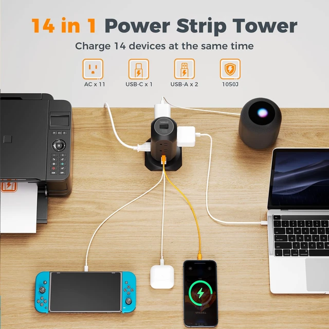 Alt view image 3 of 7 - Tower Power Strip Flat Plug with 1050J Protection, 10 Ft, Black 11 Outlets 3 USB (1 USB C), Surge Protector Power Tower, Extension Cord with Multiple Outlets, Dorm, Office Desk Supplies