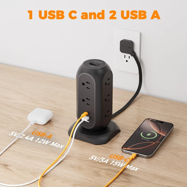 Alt view image 4 of 7 - Tower Power Strip Flat Plug with 1050J Protection, 10 Ft, Black 11 Outlets 3 USB (1 USB C), Surge Protector Power Tower, Extension Cord with Multiple Outlets, Dorm, Office Desk Supplies