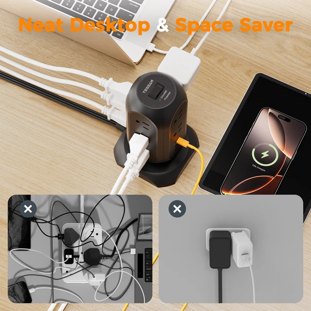 Alt view image 7 of 7 - Tower Power Strip Flat Plug with 1050J Protection, 10 Ft, Black 11 Outlets 3 USB (1 USB C), Surge Protector Power Tower, Extension Cord with Multiple Outlets, Dorm, Office Desk Supplies