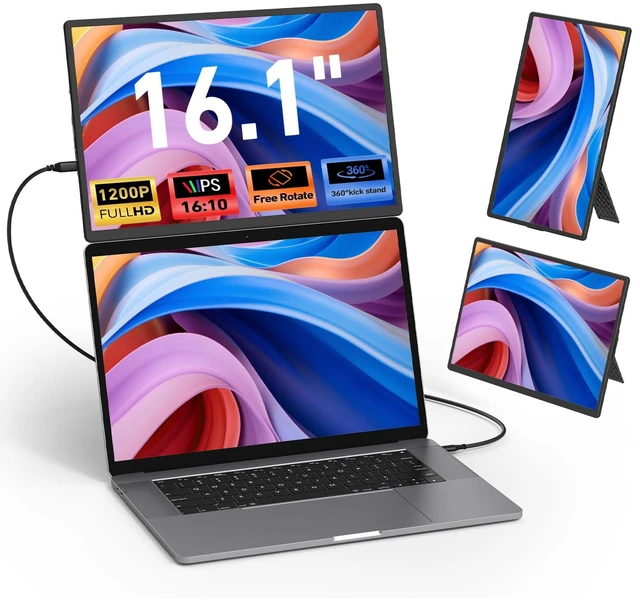 Main image of 16'' Laptop Screen Extender, 360° Rotating Detachable Stand/VESA Support, FHD 1200P IPS Portable Monitor, Plug & Play with HDMI/USB-A/Type-C, Compatible Win/Mac/Android