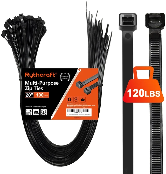 Main image of 20 Inch Black Zip Ties Heavy Duty, 120 LBS Test Large Cable Ties, 100 Pack Adjustable Self-Locking,0.3" Extra Width, UV-Resistant, UL Listed, Durable Nylon Wire Tie, Indoor Outdoor Use,Patented Design