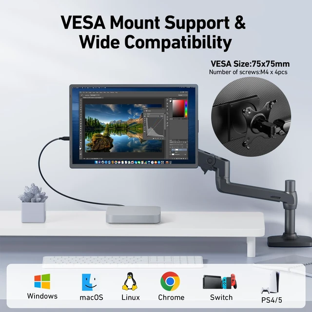 Alt view image 7 of 7 - 16'' Laptop Screen Extender, 360° Rotating Detachable Stand/VESA Support, FHD 1200P IPS Portable Monitor, Plug & Play with HDMI/USB-A/Type-C, Compatible Win/Mac/Android