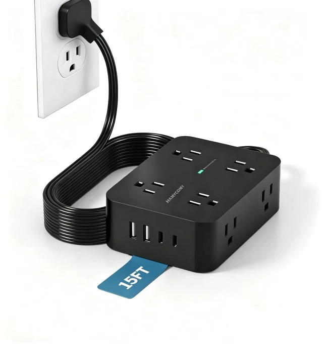 Main image of Long Surge Protector Power Strip 15 Ft, Extension Cord Flat Wall Plug 1080J 8 Outlets 4 USB Ports(2 USB C), Wall Mount Outlet Extender Charging Station for Home Office Desk Essentials, Black