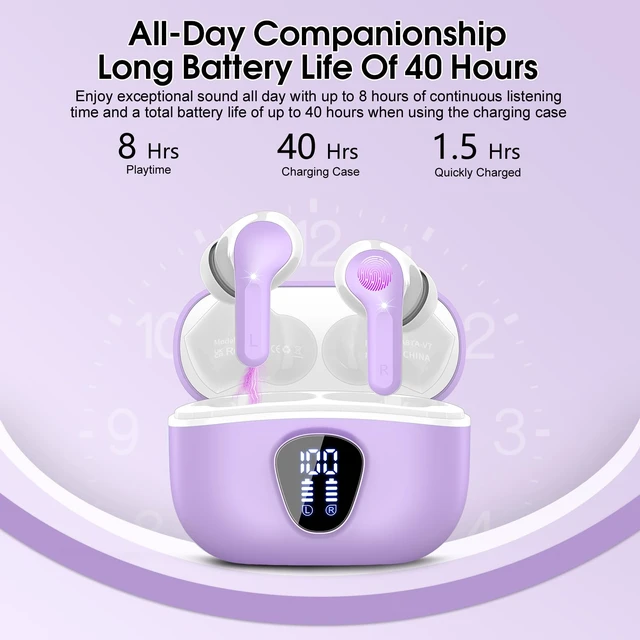 Alt view image 4 of 7 - Wireless Earbuds, Bluetooth 5.4 Headphones HiFi Stereo, Bluetooth Earbuds With ENC Noise Cancelling Mic, IP7 Waterproof in Ear Earphones, 48H, LED Display Ear buds for Pad Workout Sports, Purple