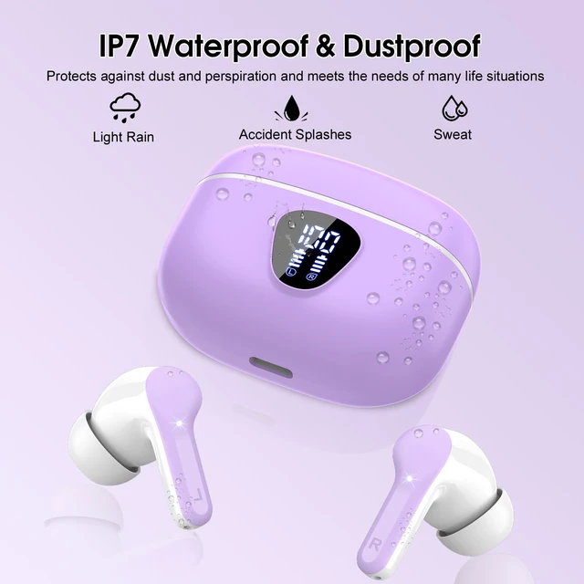 Alt view image 7 of 7 - Wireless Earbuds, Bluetooth 5.4 Headphones HiFi Stereo, Bluetooth Earbuds With ENC Noise Cancelling Mic, IP7 Waterproof in Ear Earphones, 48H, LED Display Ear buds for Pad Workout Sports, Purple