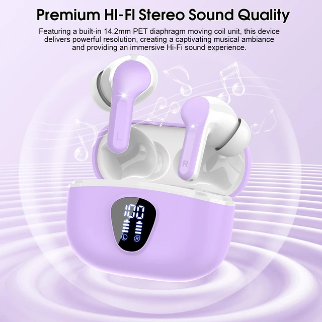 Alt view image 5 of 7 - Wireless Earbuds, Bluetooth 5.4 Headphones HiFi Stereo, Bluetooth Earbuds With ENC Noise Cancelling Mic, IP7 Waterproof in Ear Earphones, 48H, LED Display Ear buds for Pad Workout Sports, Purple