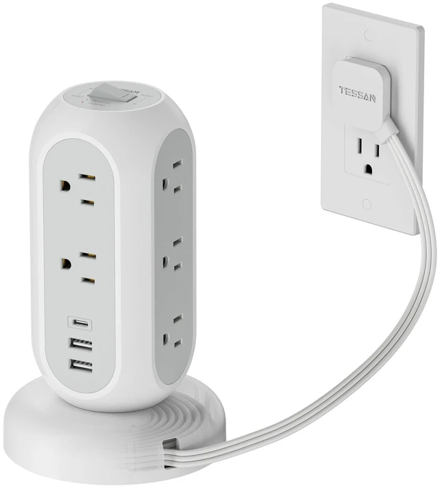 Main image of Tower Power Strip Flat Plug with 1050J Surge Protection, 5 Ft, Grey 11 Outlets 3 USB (1 USB C), Surge Protector Power Tower, Retractable Extension Cord with Multiple Outlets for Dorm, Office