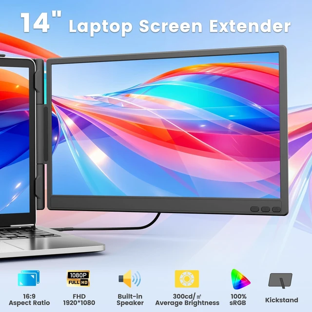Alt view image 2 of 7 - 14" Laptop Screen Extender, Ultra-Thin FHD 1080P IPS Dual Portable Laptop Monitor Extender for 13-17" Laptops, Plug & Play with HDMI/USB-A/Type-C, Compatible with Windows, Mac, Android