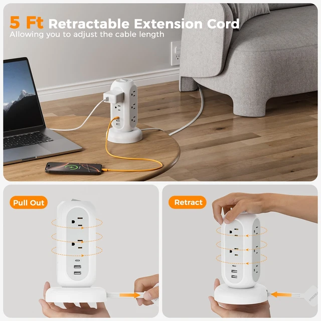 Alt view image 2 of 7 - Tower Power Strip Flat Plug with 1050J Surge Protection, 5 Ft, Grey 11 Outlets 3 USB (1 USB C), Surge Protector Power Tower, Retractable Extension Cord with Multiple Outlets for Dorm, Office