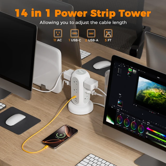 Alt view image 3 of 7 - Tower Power Strip Flat Plug with 1050J Surge Protection, 5 Ft, Grey 11 Outlets 3 USB (1 USB C), Surge Protector Power Tower, Retractable Extension Cord with Multiple Outlets for Dorm, Office