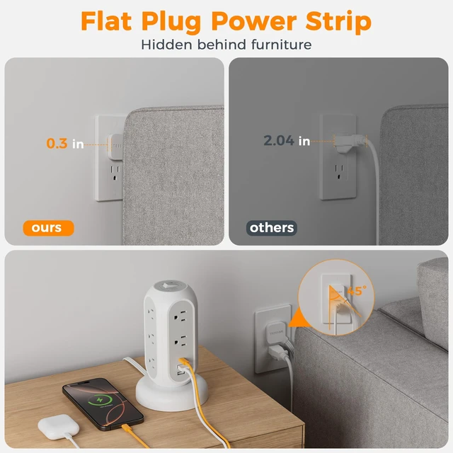Alt view image 4 of 7 - Tower Power Strip Flat Plug with 1050J Surge Protection, 5 Ft, Grey 11 Outlets 3 USB (1 USB C), Surge Protector Power Tower, Retractable Extension Cord with Multiple Outlets for Dorm, Office