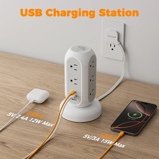 Alt view image 5 of 7 - Tower Power Strip Flat Plug with 1050J Surge Protection, 5 Ft, Grey 11 Outlets 3 USB (1 USB C), Surge Protector Power Tower, Retractable Extension Cord with Multiple Outlets for Dorm, Office