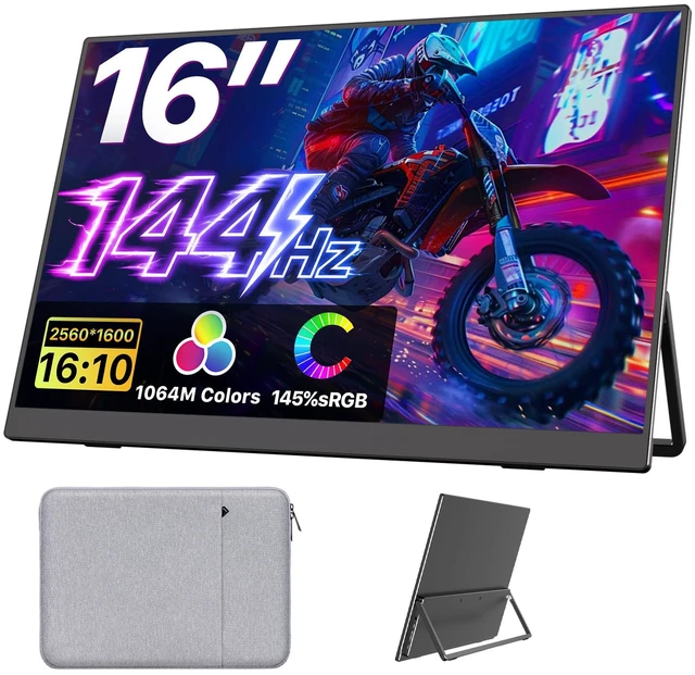 Main image of Portable Monitor 16 inch 2K QHD 2560X1600 145% sRGB, 144Hz USB-C, 120Hz HDMI, Travel Monitor for Laptop MacBook PC Surface PS5 Xbox, External Display with Kickstand & Speaker VESA Compatible