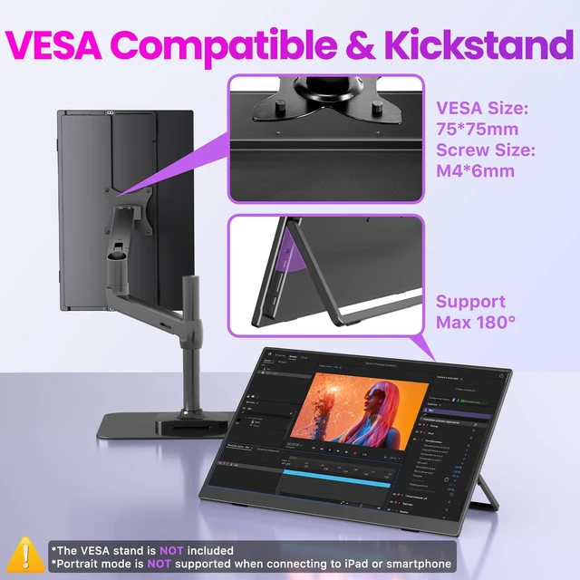Alt view image 7 of 7 - Portable Monitor 16 inch 2K QHD 2560X1600 145% sRGB, 144Hz USB-C, 120Hz HDMI, Travel Monitor for Laptop MacBook PC Surface PS5 Xbox, External Display with Kickstand & Speaker VESA Compatible