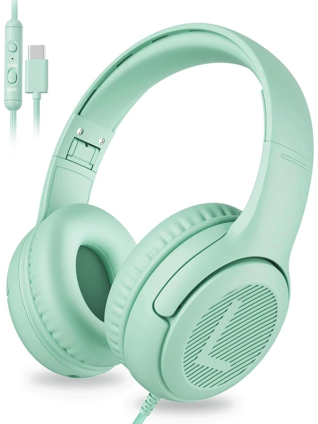 Main image of AT2C USB-C Kids Headphones with Mic - 85/94dB Volume Limiter Foldable Wired Toddler Headphones for Boys & Girls, Over-Ear Type-C Kid Headphones for iPad School Travel Tablet Green