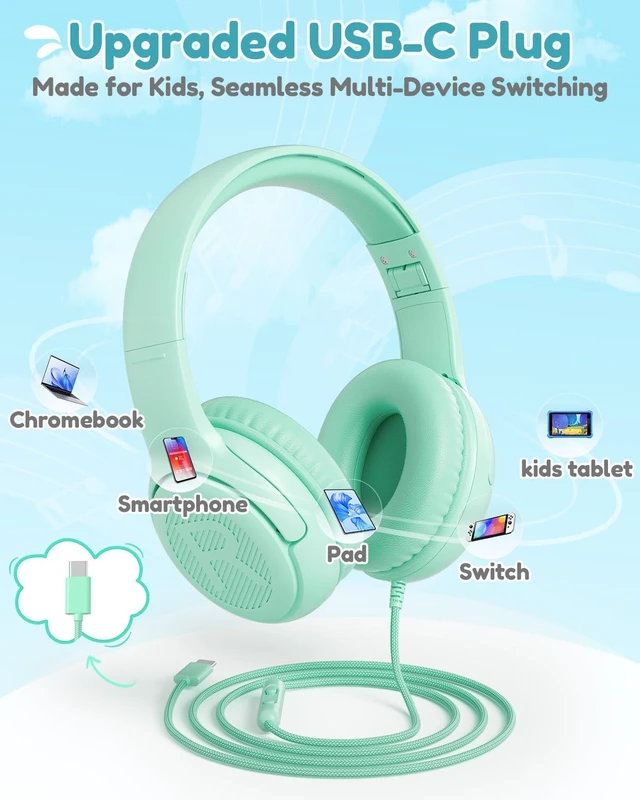 Alt view image 2 of 6 - AT2C USB-C Kids Headphones with Mic - 85/94dB Volume Limiter Foldable Wired Toddler Headphones for Boys & Girls, Over-Ear Type-C Kid Headphones for iPad School Travel Tablet Green
