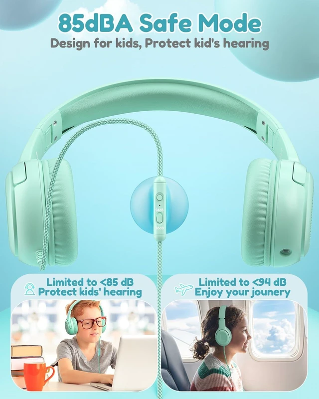 Alt view image 3 of 6 - AT2C USB-C Kids Headphones with Mic - 85/94dB Volume Limiter Foldable Wired Toddler Headphones for Boys & Girls, Over-Ear Type-C Kid Headphones for iPad School Travel Tablet Green