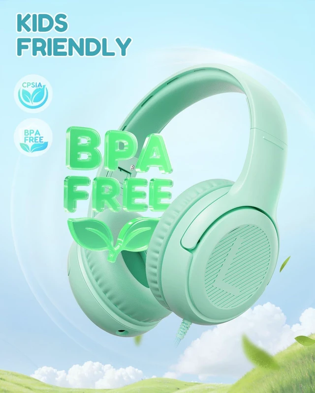 Alt view image 4 of 6 - AT2C USB-C Kids Headphones with Mic - 85/94dB Volume Limiter Foldable Wired Toddler Headphones for Boys & Girls, Over-Ear Type-C Kid Headphones for iPad School Travel Tablet Green