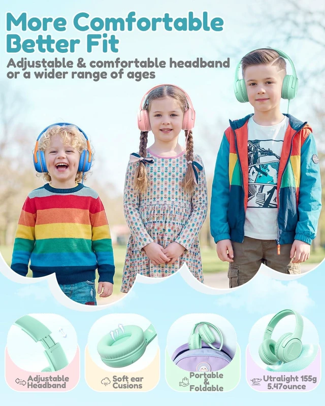 Alt view image 5 of 6 - AT2C USB-C Kids Headphones with Mic - 85/94dB Volume Limiter Foldable Wired Toddler Headphones for Boys & Girls, Over-Ear Type-C Kid Headphones for iPad School Travel Tablet Green