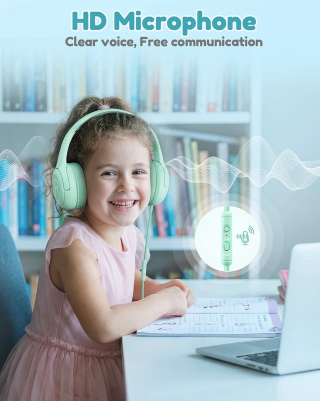 Alt view image 6 of 6 - AT2C USB-C Kids Headphones with Mic - 85/94dB Volume Limiter Foldable Wired Toddler Headphones for Boys & Girls, Over-Ear Type-C Kid Headphones for iPad School Travel Tablet Green