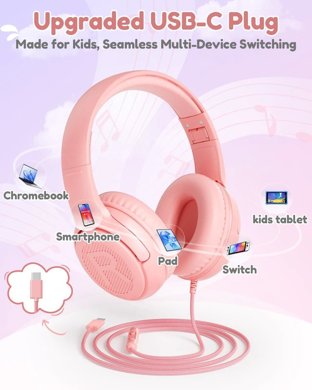 Alt view image 2 of 6 - AT2C USB-C Kids Headphones with Mic - 85/94dB Volume Limiter Foldable Wired Toddler Headphones for Boys & Girls, Over-Ear Type-C Kid Headphones for iPad School Travel Tablet Pink
