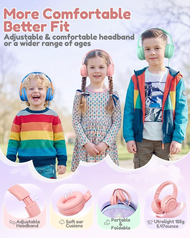 Alt view image 5 of 6 - AT2C USB-C Kids Headphones with Mic - 85/94dB Volume Limiter Foldable Wired Toddler Headphones for Boys & Girls, Over-Ear Type-C Kid Headphones for iPad School Travel Tablet Pink