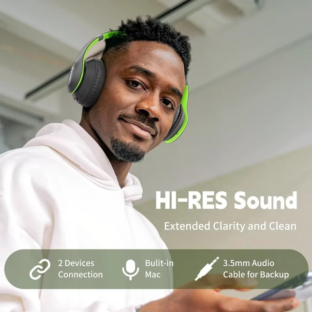 Alt view image 2 of 7 - Wireless Bluetooth Headphones Over Ear V6.0 HiFi Stereo with Mic 65H Playtime 6EQ Modes Foldable Bluetooth Headset with Microphone for Travel Smartphone Computer Laptop Green
