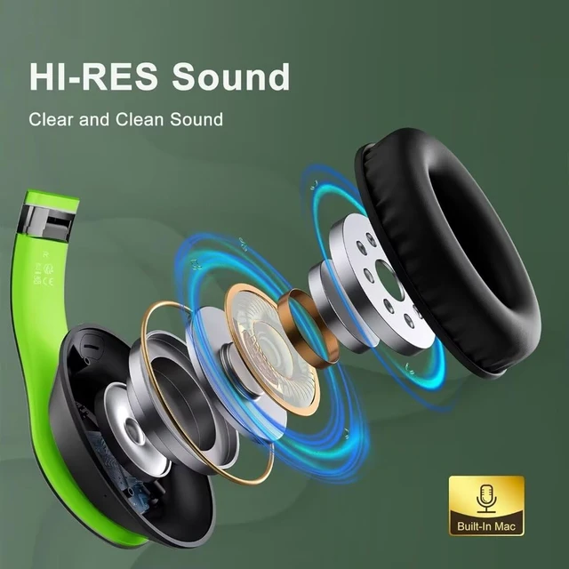 Alt view image 3 of 7 - Wireless Bluetooth Headphones Over Ear V6.0 HiFi Stereo with Mic 65H Playtime 6EQ Modes Foldable Bluetooth Headset with Microphone for Travel Smartphone Computer Laptop Green