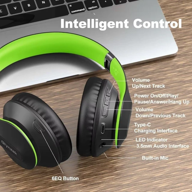 Alt view image 6 of 7 - Wireless Bluetooth Headphones Over Ear V6.0 HiFi Stereo with Mic 65H Playtime 6EQ Modes Foldable Bluetooth Headset with Microphone for Travel Smartphone Computer Laptop Green