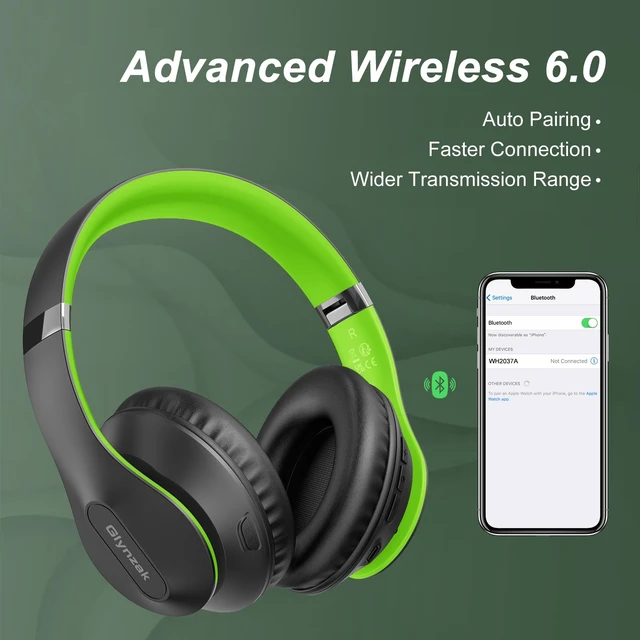 Alt view image 7 of 7 - Wireless Bluetooth Headphones Over Ear V6.0 HiFi Stereo with Mic 65H Playtime 6EQ Modes Foldable Bluetooth Headset with Microphone for Travel Smartphone Computer Laptop Green