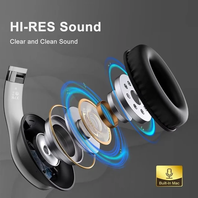 Alt view image 2 of 7 - Wireless Bluetooth Headphones Over Ear V6.0 HiFi Stereo with Mic 65H Playtime 6EQ Modes Foldable Bluetooth Headset with Microphone for Travel Smartphone Computer Laptop Grey