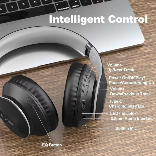 Alt view image 5 of 7 - Wireless Bluetooth Headphones Over Ear V6.0 HiFi Stereo with Mic 65H Playtime 6EQ Modes Foldable Bluetooth Headset with Microphone for Travel Smartphone Computer Laptop Grey