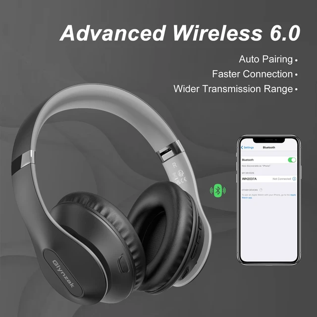 Alt view image 6 of 7 - Wireless Bluetooth Headphones Over Ear V6.0 HiFi Stereo with Mic 65H Playtime 6EQ Modes Foldable Bluetooth Headset with Microphone for Travel Smartphone Computer Laptop Grey