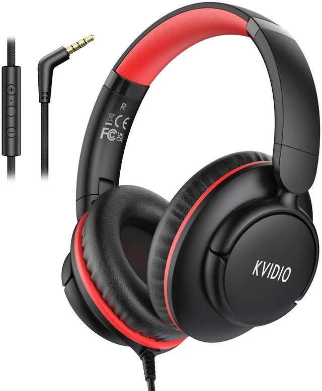 Main image of Wired Headphones with Mic, 3.5mm Plug Corded Headphone for School Black Red Wired Over Ear Foldable Headphones for Teens Classroom Travel, 4.9ft Tangle-Free Cord with Volume Control for Tablet Laptop