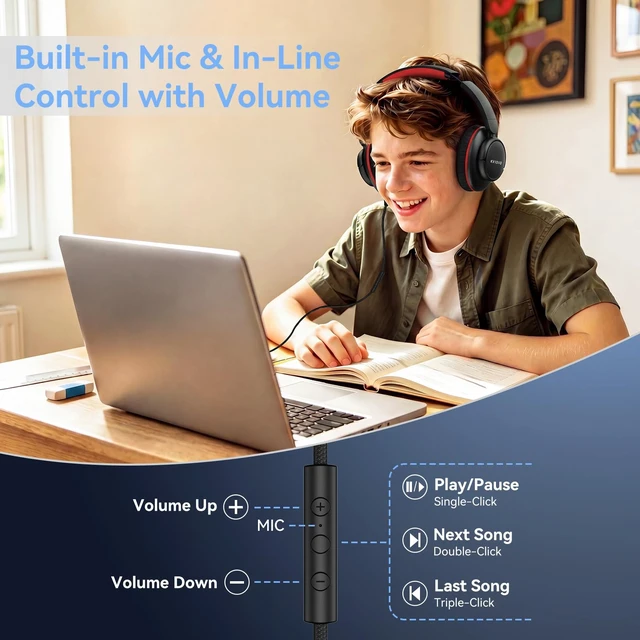 Alt view image 2 of 7 - Wired Headphones with Mic, 3.5mm Plug Corded Headphone for School Black Red Wired Over Ear Foldable Headphones for Teens Classroom Travel, 4.9ft Tangle-Free Cord with Volume Control for Tablet Laptop