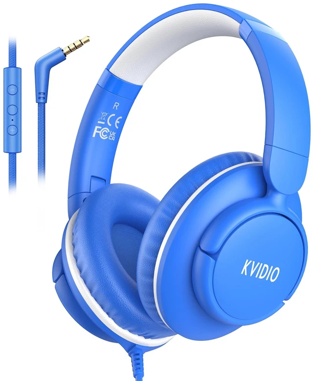 Main image of Wired Headphones with Mic, 3.5mm Headphones Volume Control for School Blue Wired Over Ear Foldable Corded Headphones for Teens Classroom Travel Airplane, 4.9ft Tangle-Free Cord for Tablet Laptop Phone