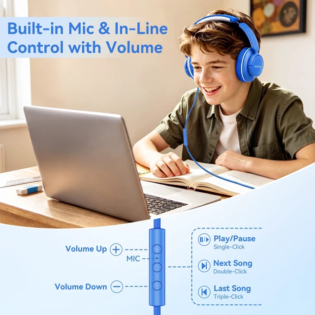 Alt view image 2 of 7 - USB C Wired Over Ear Headphones for School with Mic, Volume Control, Blue Lightweight Foldable Corded Headphone for Teens Classroom Travel Airplane, 4.9ft Tangle-Free Cord for Phone Tablet Laptop PC