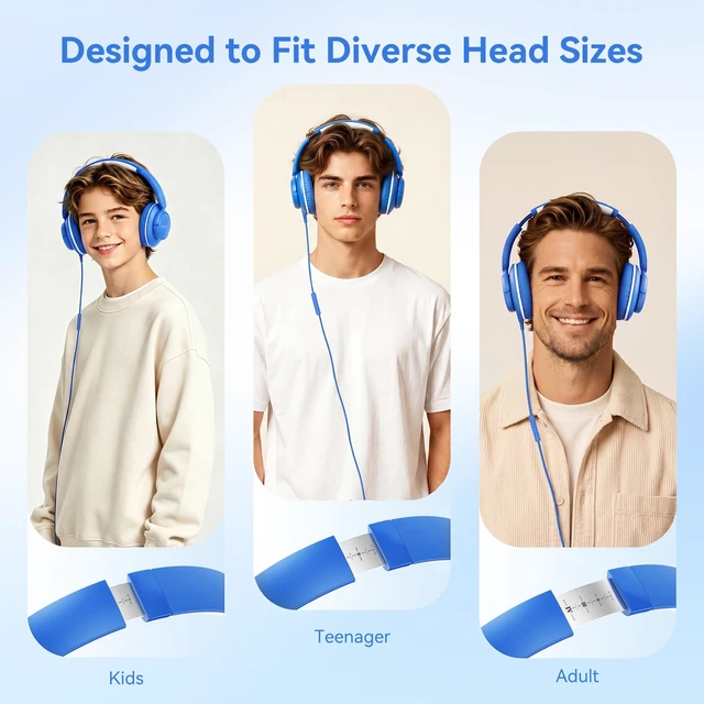 Alt view image 3 of 7 - USB C Wired Over Ear Headphones for School with Mic, Volume Control, Blue Lightweight Foldable Corded Headphone for Teens Classroom Travel Airplane, 4.9ft Tangle-Free Cord for Phone Tablet Laptop PC